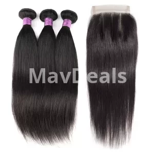 4x4 Lace Closure Brazilian Virgin Natural Hair Straight Bundles Weaves