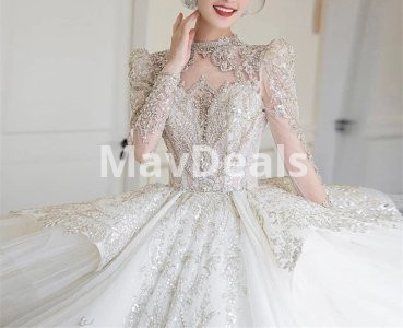 High Neck Full Sleeves Ball Gown Wedding Dress Crystal Bridal Gowns Sequin Pearls Church Robe