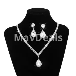 Drop Rhinestone Long Pendant Full Crystal Silver Plated Necklace & Earrings Elegant Bridal Wedding Jewelry