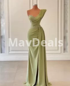 Luxury Sexy Green Evening Dresses Mermaid For Woman Sleeveless One Shoulder Split Satin Prom Grown