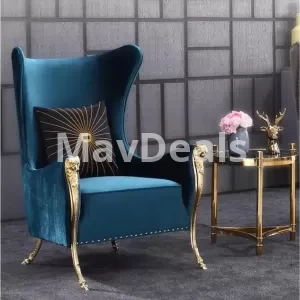 Modern Metal Design High Back Luxury Armchair Velvet Fabric High Blue Sofa Chair