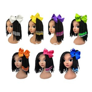 kids Beaded  Ponytail Wig With Colorful  Bows Tie