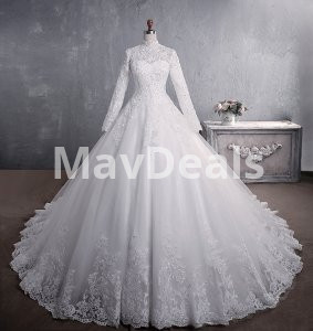 Lace Wedding Dress Bridal Stand-up Collar Long-sleeved Large Tail Large Size