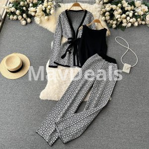 Women Casual Suit V-neck Base Knitwear Wide Leg Pants Three-piece Suit Average Size