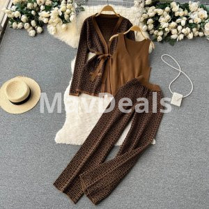 Women Casual Suit V-neck Base Knitwear Wide Leg Pants Three-piece Suit Average Size
