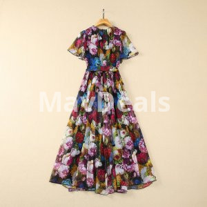 Women  Belt Large Hem Front Pleated Silk Chiffon Printed Chrysanthemum Dress