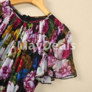 Women  Belt Large Hem Front Pleated Silk Chiffon Printed Chrysanthemum Dress