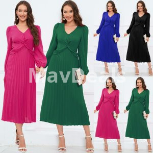 Women's Long Sleeve V-neck Slim-fit Pleated Dress