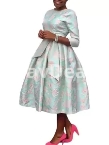 Elegant African Dresses for Women 3/4 Sleeve Polyester O Neck Midi African Clothing Wedding Party Autumn