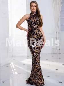 High Neck Floral Sequin Long Evening Dress Elegant Sleeveless  Dress