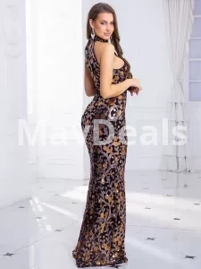 High Neck Floral Sequin Long Evening Dress Elegant Sleeveless Dress
