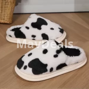 white and back Cute Cow Spotted Plush Slippers Winter Warm Non-slip Bedroom Floor Fuzzy Slipper Couple Women House Shoes