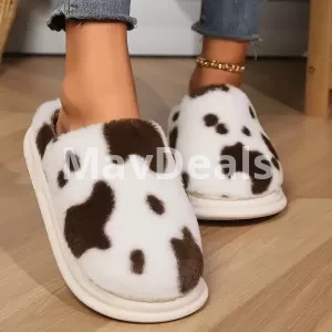 white and back Cute Cow Spotted Plush Slippers Winter Warm Non-slip Bedroom Floor Fuzzy Slipper Couple Women House Shoes