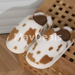 Brown Cute Cow Spotted Plush Slippers Winter Warm Non-slip Bedroom Floor Fuzzy Slipper Couple Women House Shoes