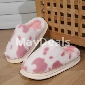 Pink Cute Cow Spotted Plush Slippers Winter Warm Non-slip Bedroom Floor Fuzzy Slipper Couple Women House Shoes