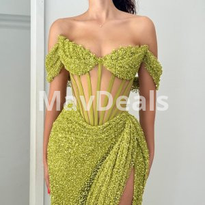 Off Shoulder Split Sequence Sleeves party Dress